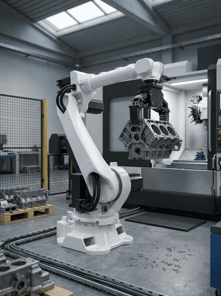 Robô industrial manipulando peça metálica em ambiente produtivo